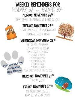 Weekly Reminders for 11/26-11/30!