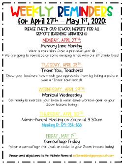 Weekly Reminders for April 27 - May 1, 2020!