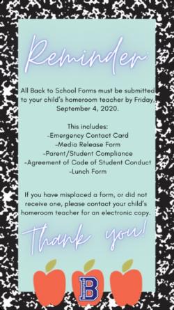 Back to School Forms Due Friday, September 3, 2020!